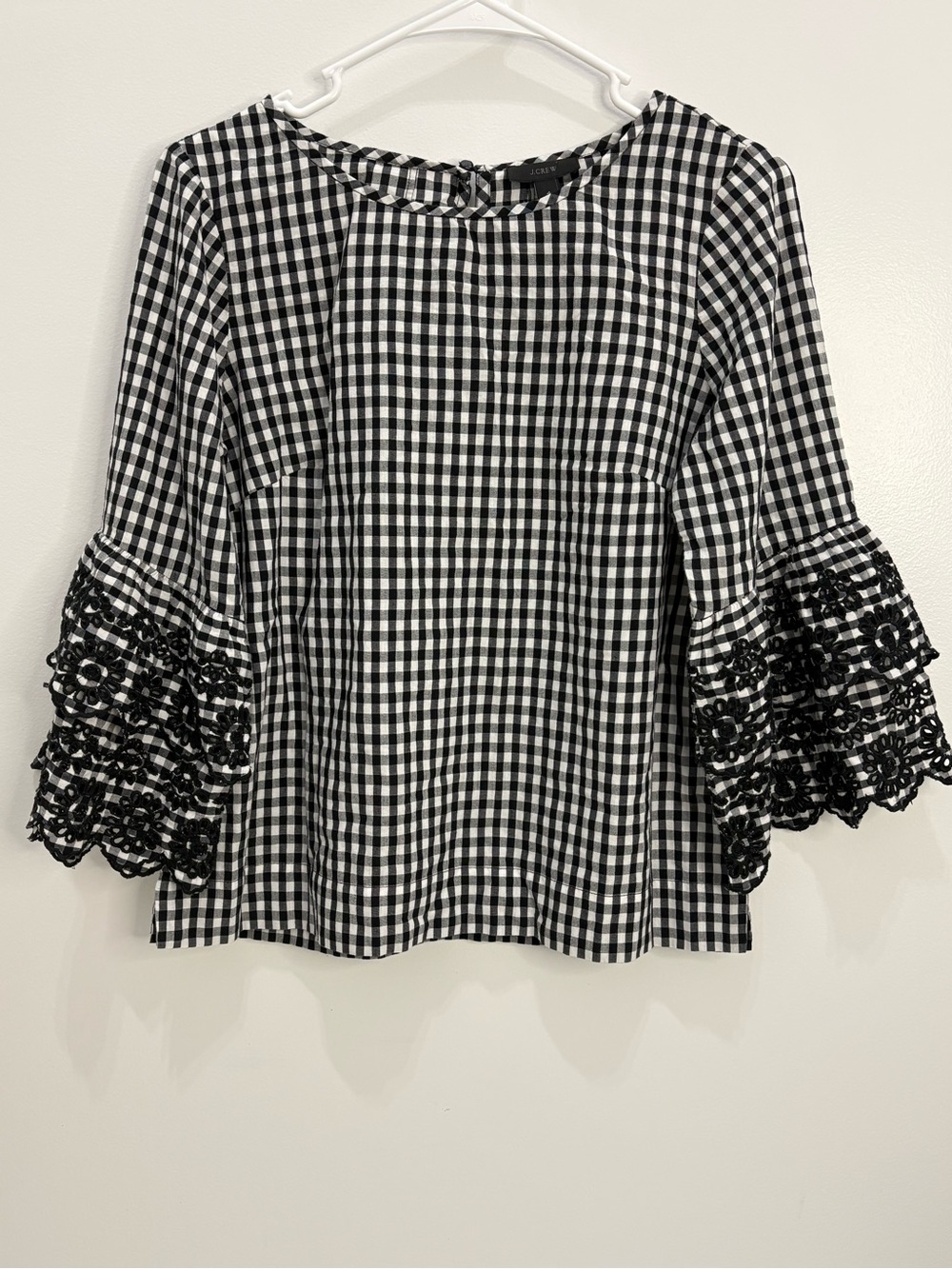 J. Crew Black & White Gingham Blouse with Lace-Trim Embroidered Bell Sleeves